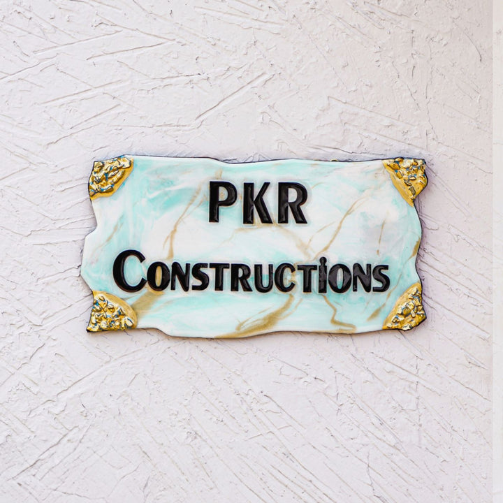 Handmade Resin Blue Gold Rectangle Marbled Name Plate - Mounted on Exterior Wall