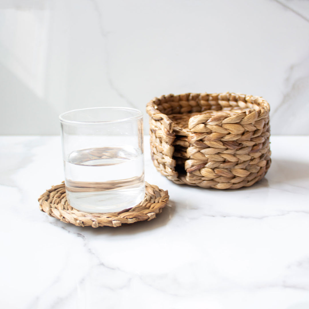 Handcrafted Water Hyacinth Coasters With Holder- Set of 6