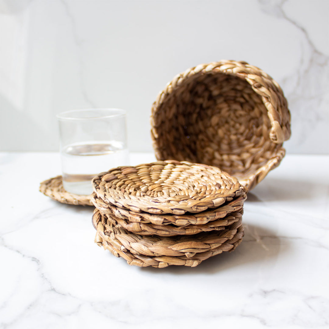 Handcrafted Water Hyacinth Coasters With Holder- Set of 6