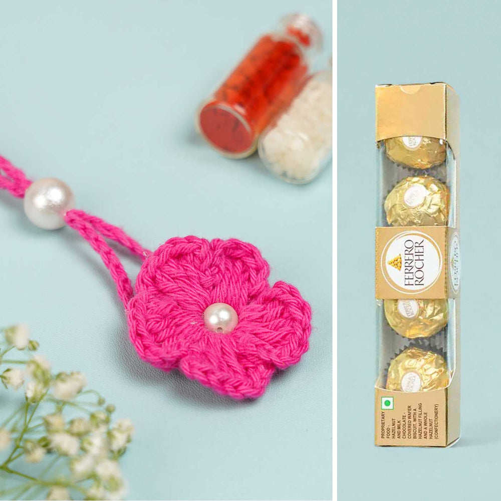 Handmade Crochet Scarlet Knot Bhaiya Bhabhi Rakhi With Roli Chawal - Flower detail with packaging inset