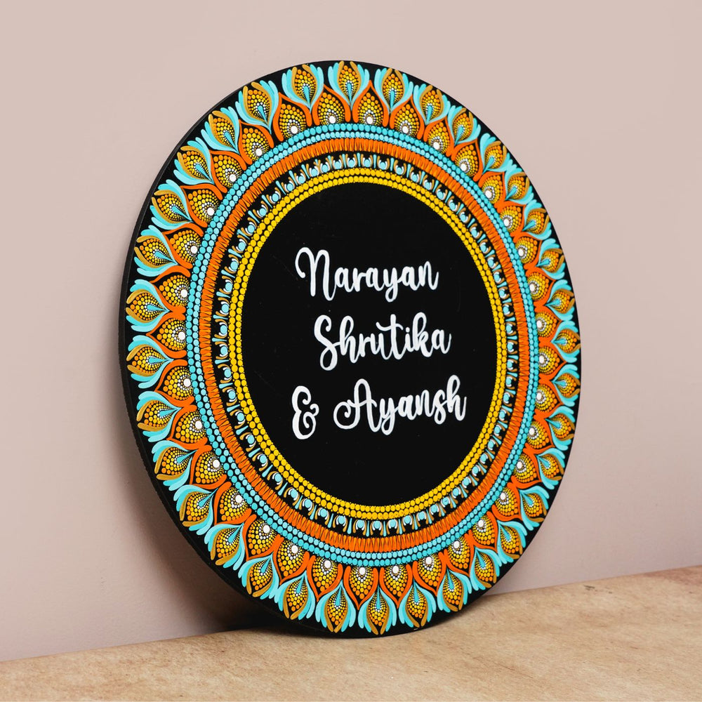 Handcrafted Circular Dot Art Name Plate 3 - Angled Side View on Surface