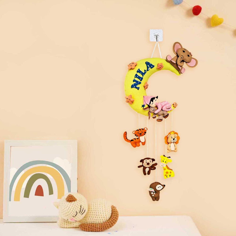Personalized Girl Sleeping On Moon With Animals Felt Kids Name Plate For Kids - Hanging View with Name Personalization