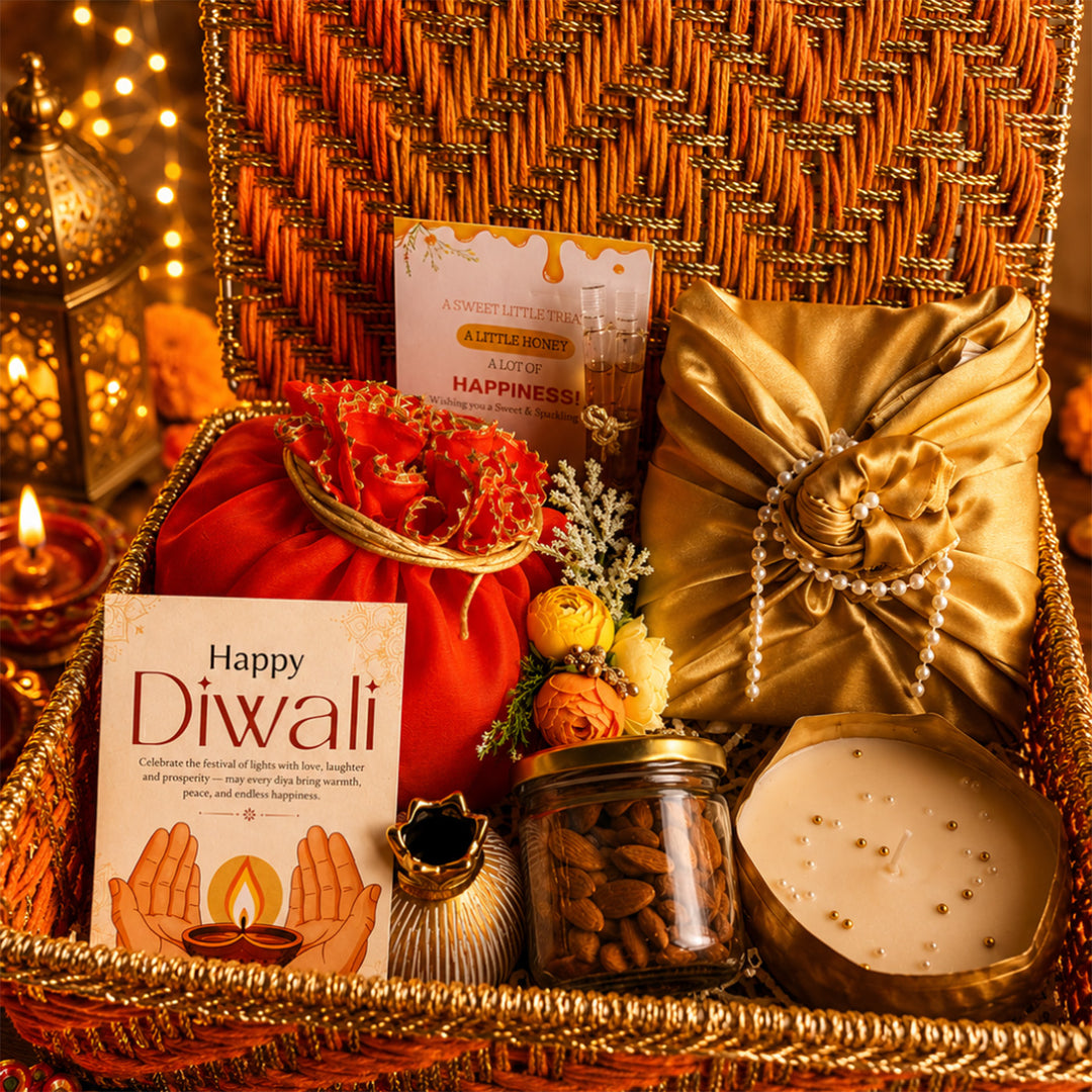 Rang Utsav Grand Orange Basket Diwali Gift Hamper With Toran Potli, German Silver Shubh Labh And Almonds For Festive Gifting