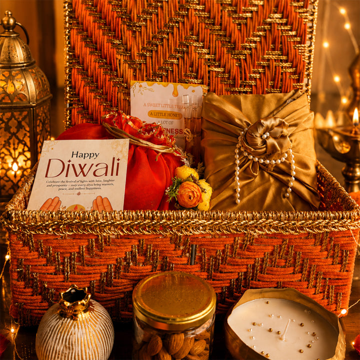 Rang Utsav Grand Orange Basket Diwali Gift Hamper With Toran Potli, German Silver Shubh Labh And Almonds For Festive Gifting