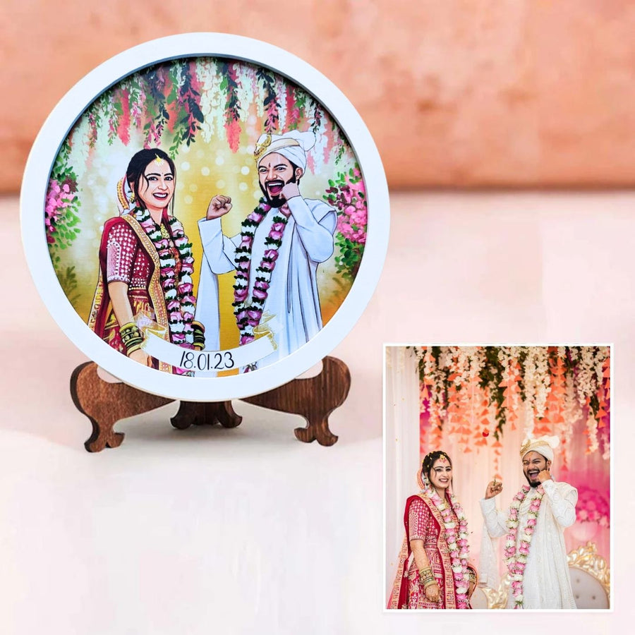 Photo Caricature Nameplate With Stand For Wedding Couple 8 - Front View with Wooden Stand