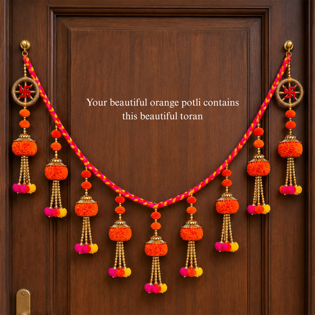 Rang Utsav Grand Orange Basket Diwali Gift Hamper With Toran Potli, German Silver Shubh Labh And Almonds For Festive Gifting