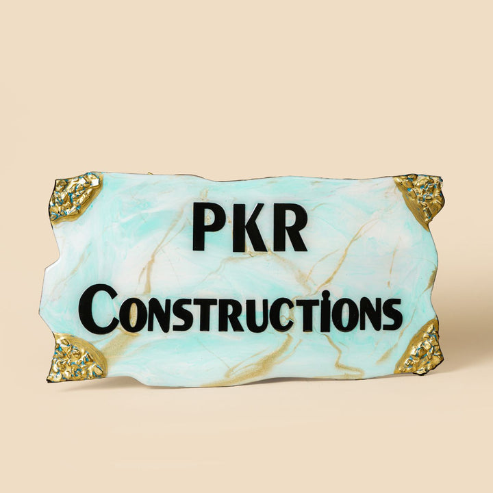 Handmade Resin Blue Gold Rectangle Marbled Name Plate - Front View on Neutral Background