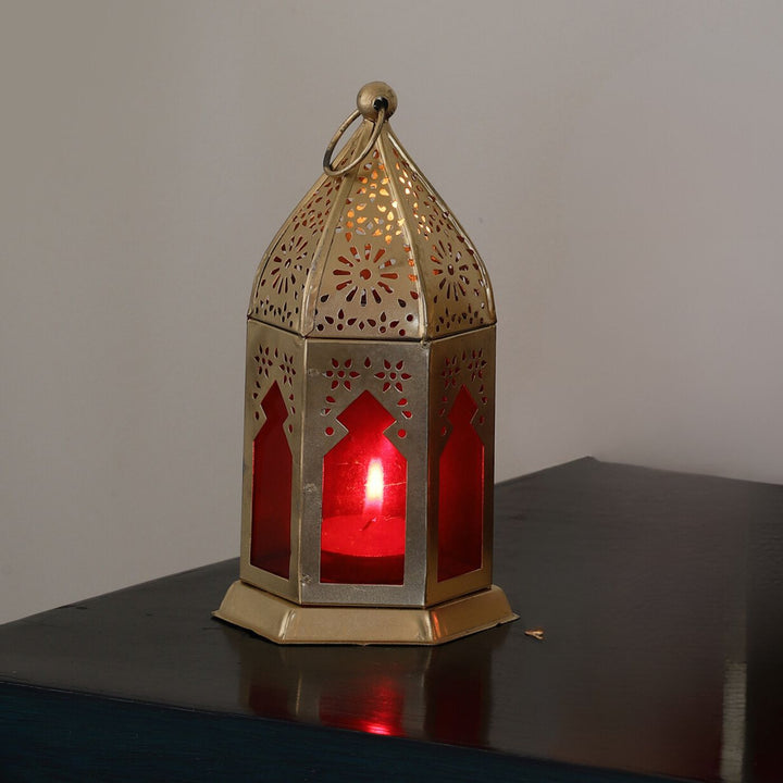 Handmade Red & Gold Morrocan Iron Lantern Tealight Holder | Set Of 2