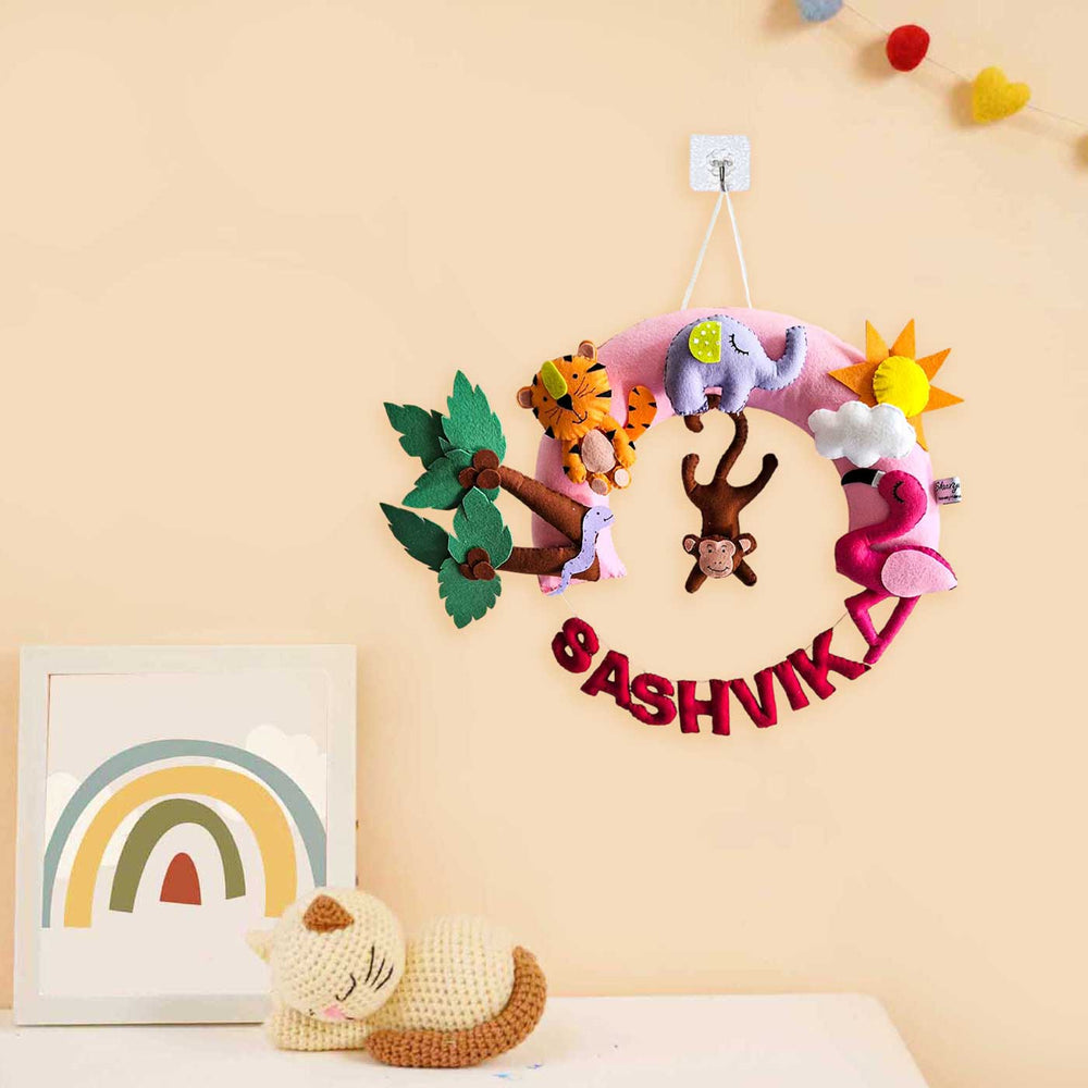 Personalized Animals Half Round Shaped Felt Kids Name Plate For Kids - Hanging on Wall with Name Personalization