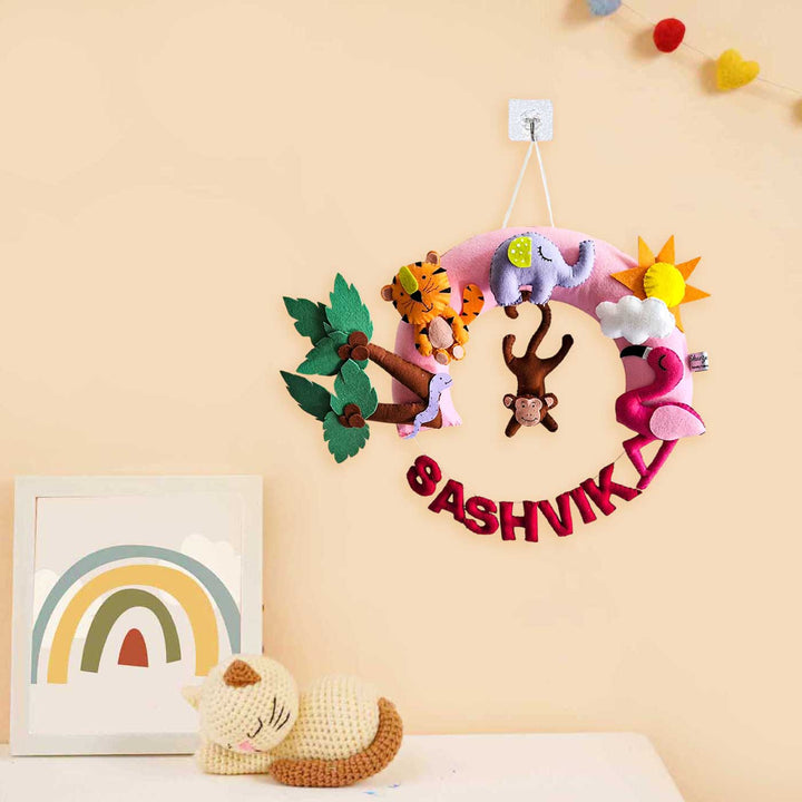 Personalized Animals Half Round Shaped Felt Kids Name Plate For Kids - Hanging on Wall with Name Personalization