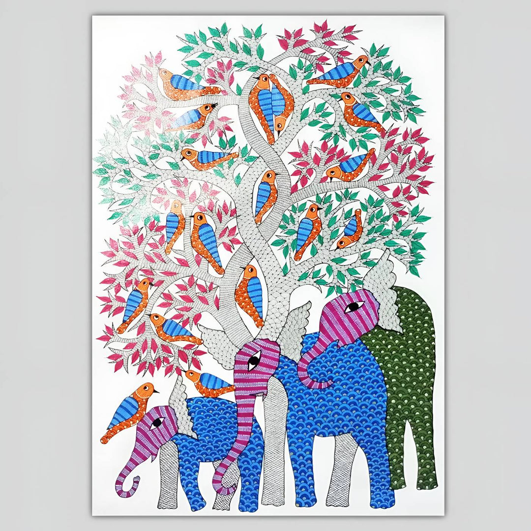 24 x 36 Inch | Elephant & Bird | Original Hand Painted Tribal Gond Art Painting | Acrylic Paint On Canvas