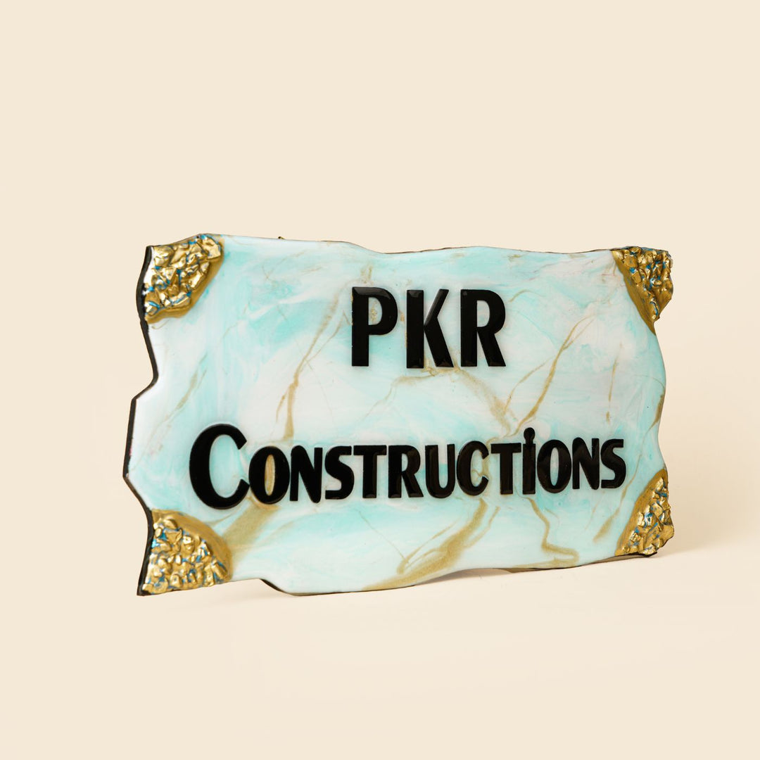 Handmade Resin Blue Gold Rectangle Marbled Name Plate - Angled Front View Showing Text