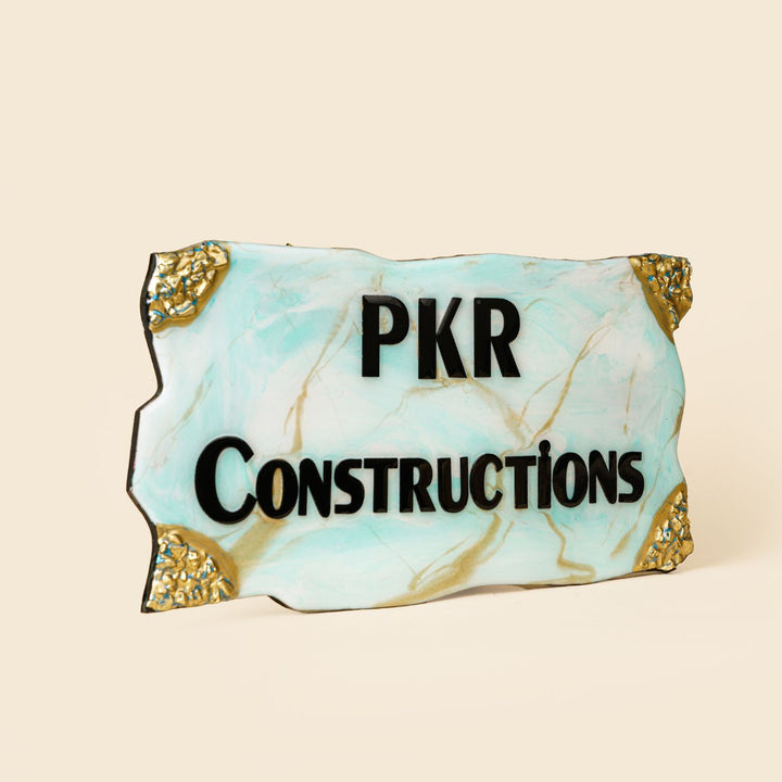Handmade Resin Blue Gold Rectangle Marbled Name Plate - Angled Front View Showing Text