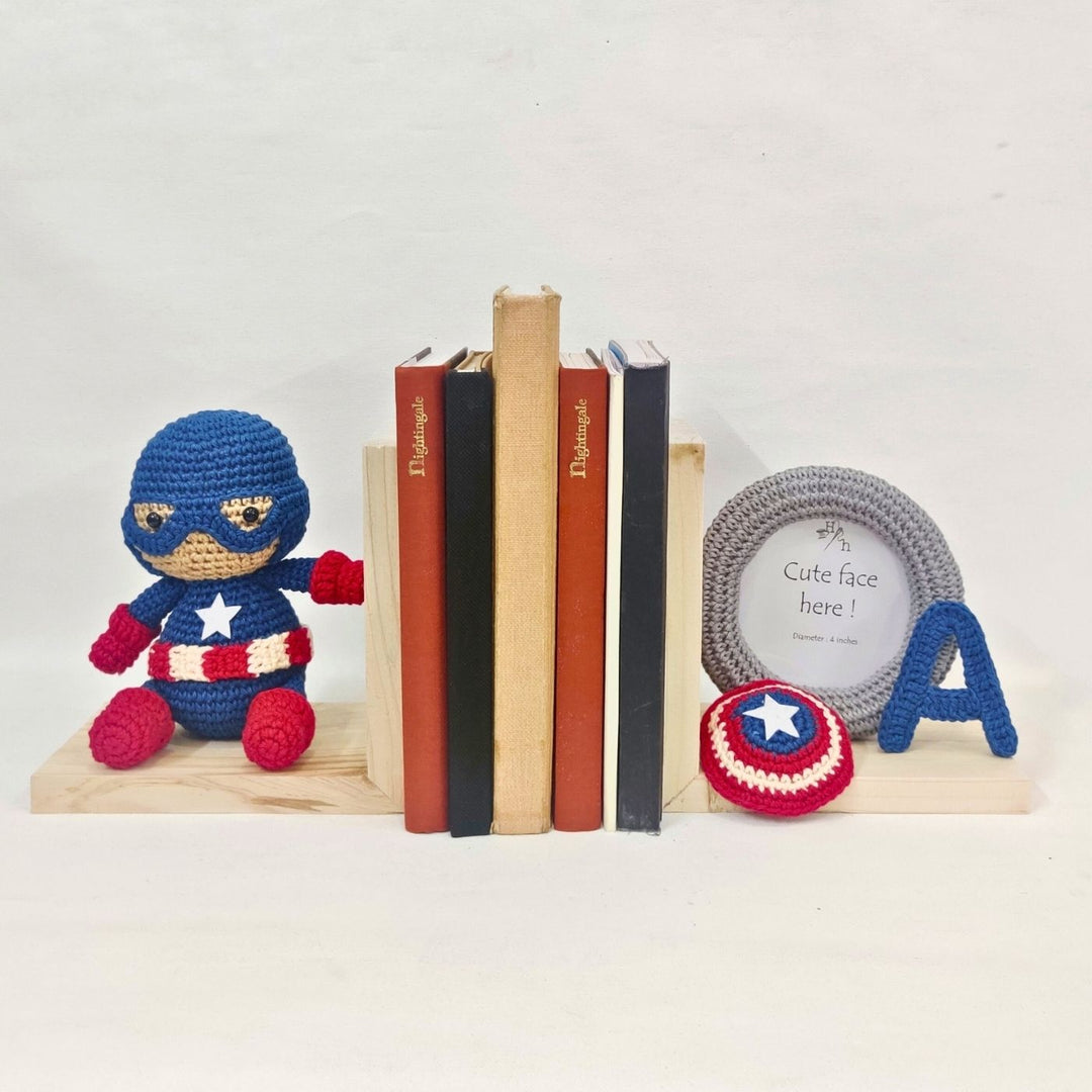 Personalised Handmade Crochet Captain America Bookends with Photo Frame for Kids