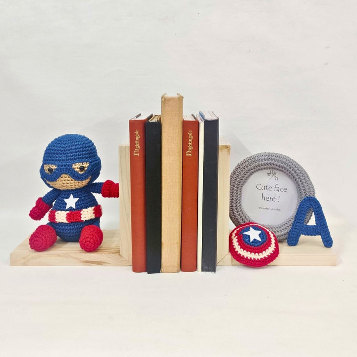 Personalised Handmade Crochet Captain America Bookends with Photo Frame for Kids