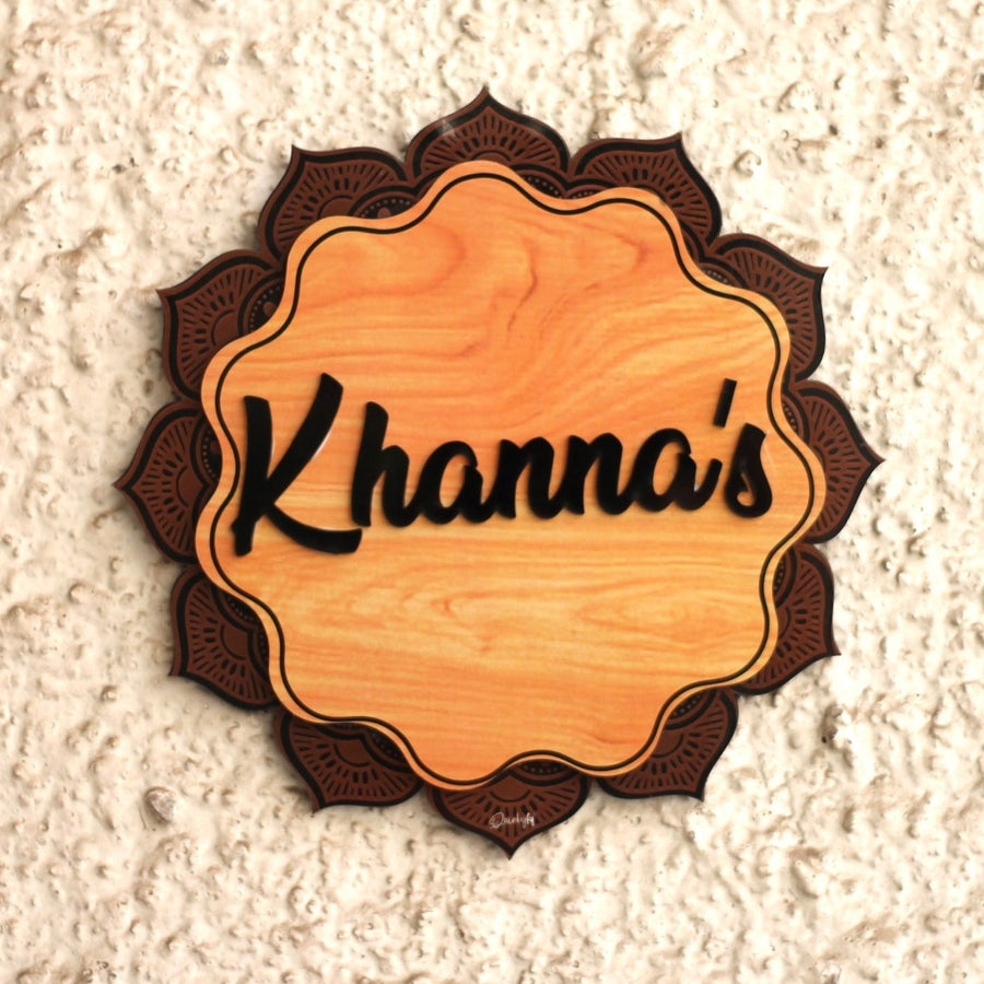 Personalized Printed Mandala Flower Mdf Wood Name Plate With 3D Letters - Mounted on Textured Wall Close-up