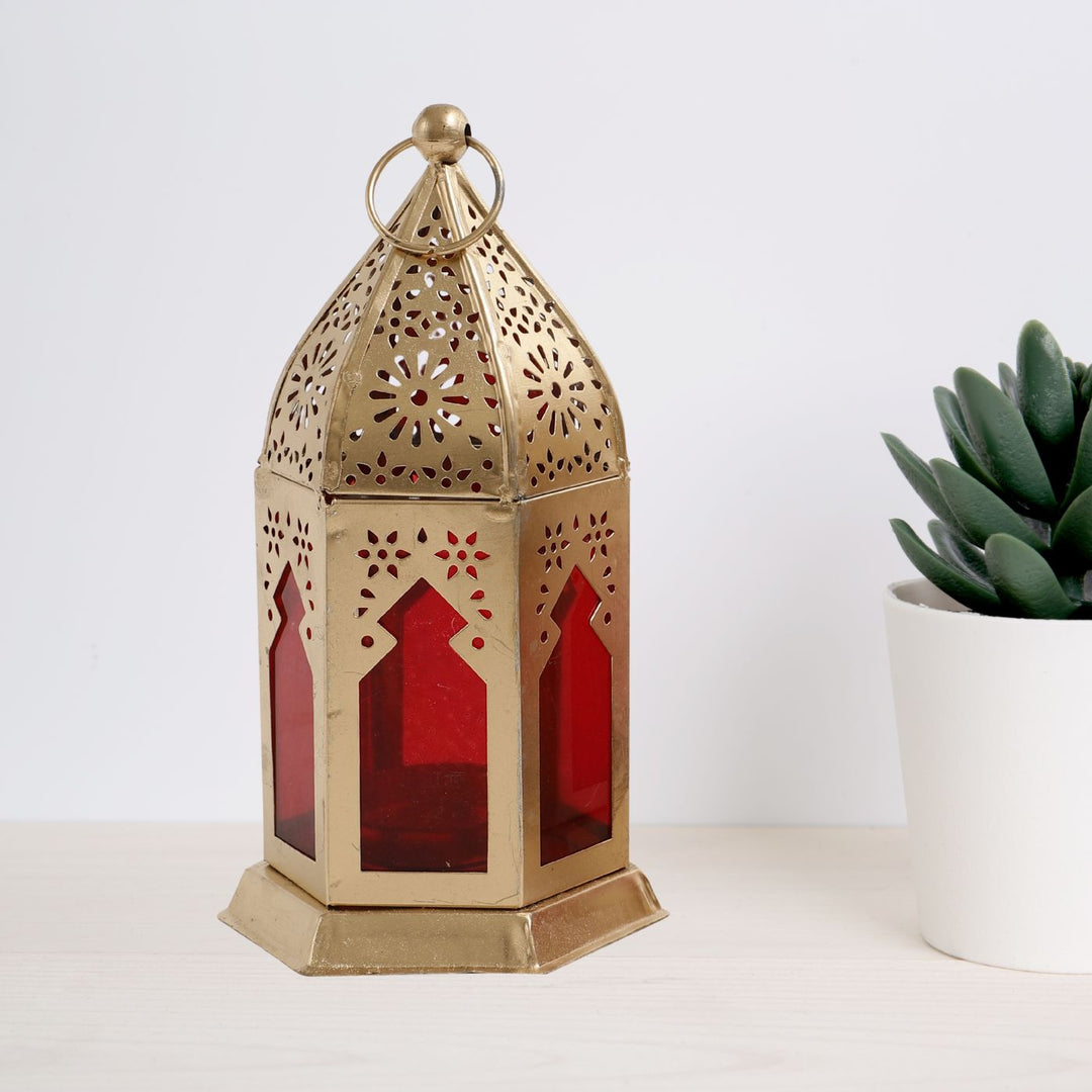 Handmade Red & Gold Morrocan Iron Lantern Tealight Holder | Set Of 2