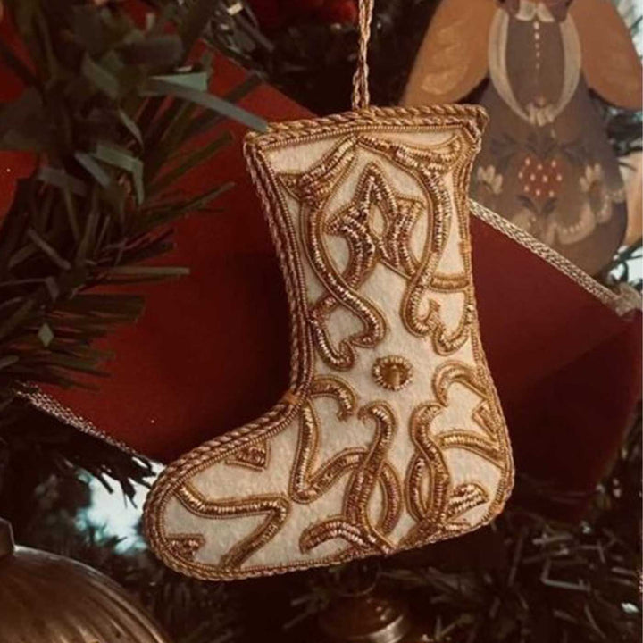 White And Gold Cotton Stocking Premium Zardozi Ornament