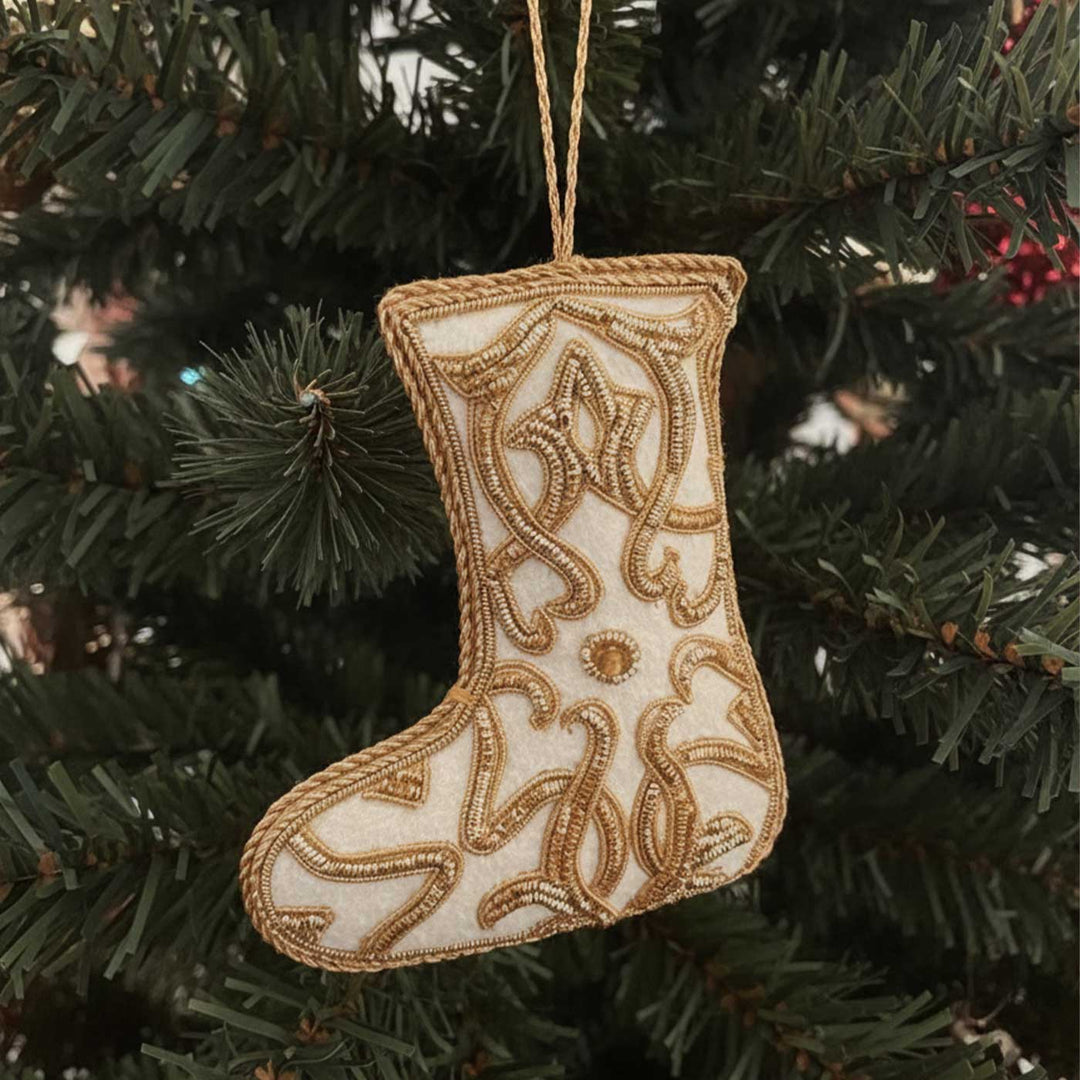 White And Gold Cotton Stocking Premium Zardozi Ornament
