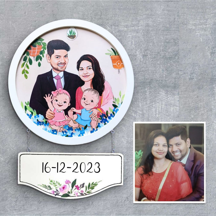 Photo Caricature Hanging Name Plate Small Family - Front View with Date Plate Hanging