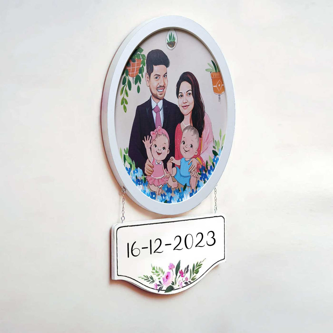 Photo Caricature Hanging Name Plate Small Family - Side View with Hanging Date Plaque