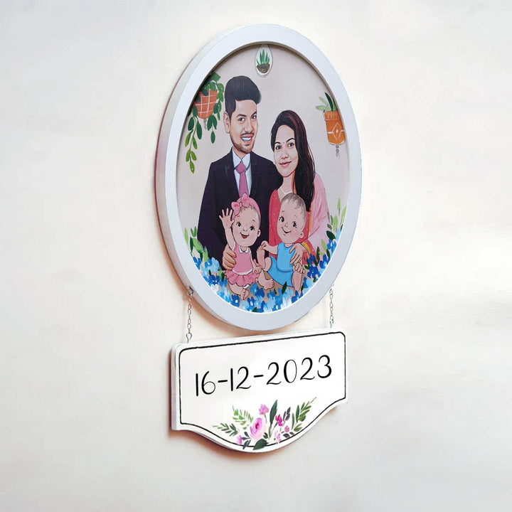 Photo Caricature Hanging Name Plate Small Family - Side View with Hanging Date Plaque