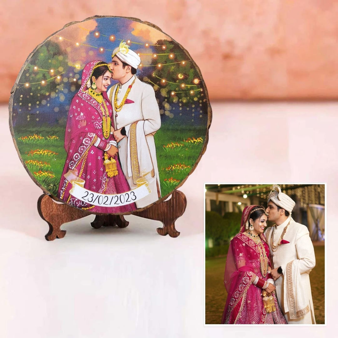 Photo Caricature Bark Nameplate With Stand For Couples - Front View with Personalized Photo and Date