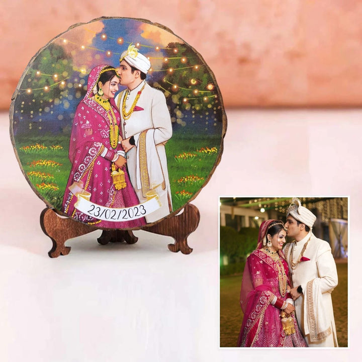 Photo Caricature Bark Nameplate With Stand For Couples - Front View with Personalized Photo and Date