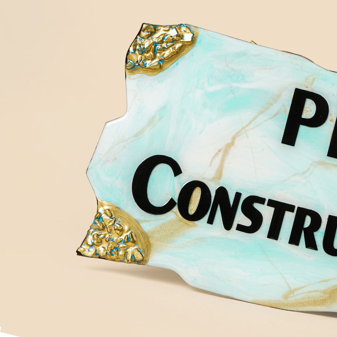 Handmade Resin Blue Gold Rectangle Marbled Name Plate - Close-up of Corner Decoration Details