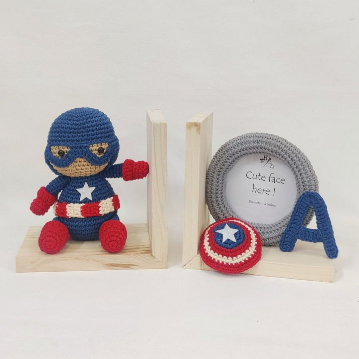 Personalised Handmade Crochet Captain America Bookends with Photo Frame for Kids