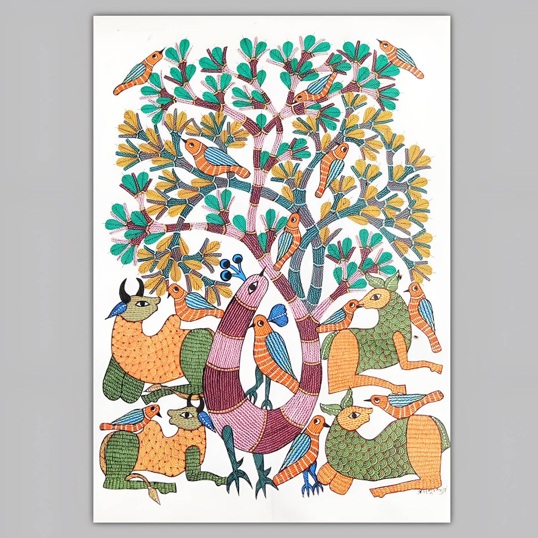 24 x 36 Inch | Tree of Coexistence | Original Hand Painted Tribal Gond Art Painting | Acrylic Paint On Canvas