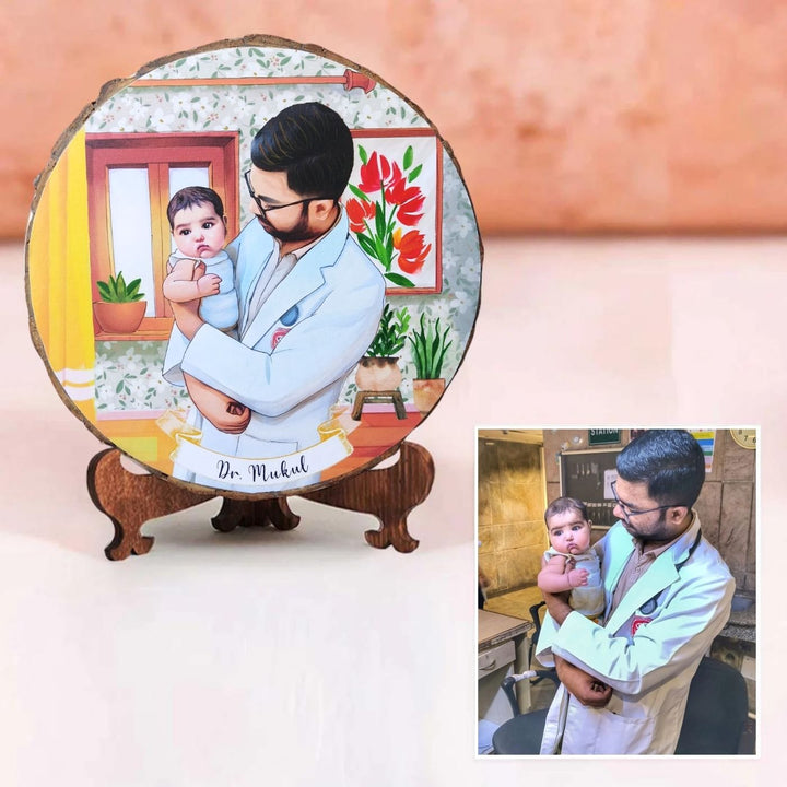 Photo Caricature Bark Nameplate With Stand Small Family 1 - Personalized Photo Transfer on Wood Slice