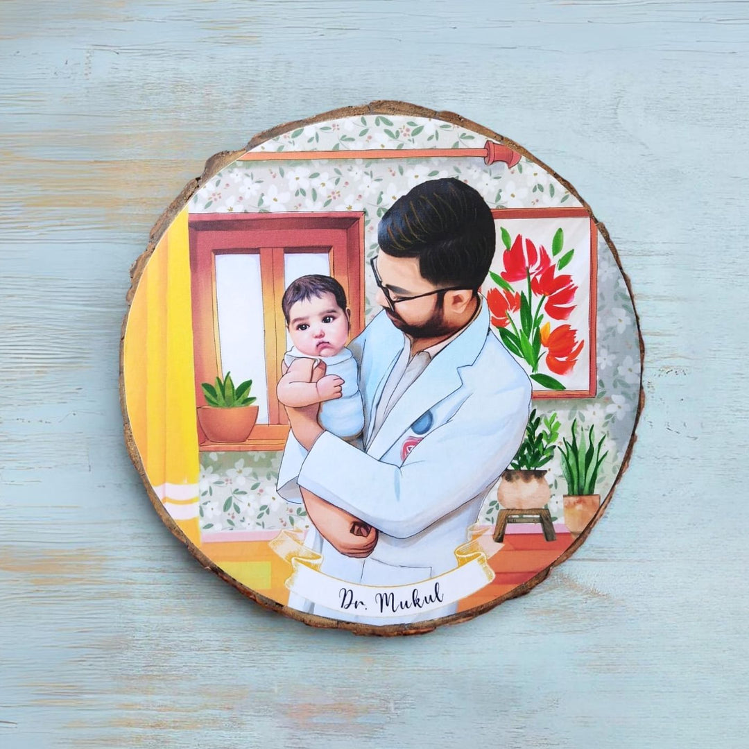 Photo Caricature Bark Nameplate With Stand Small Family 1 - Front View Showing Personalized Illustration