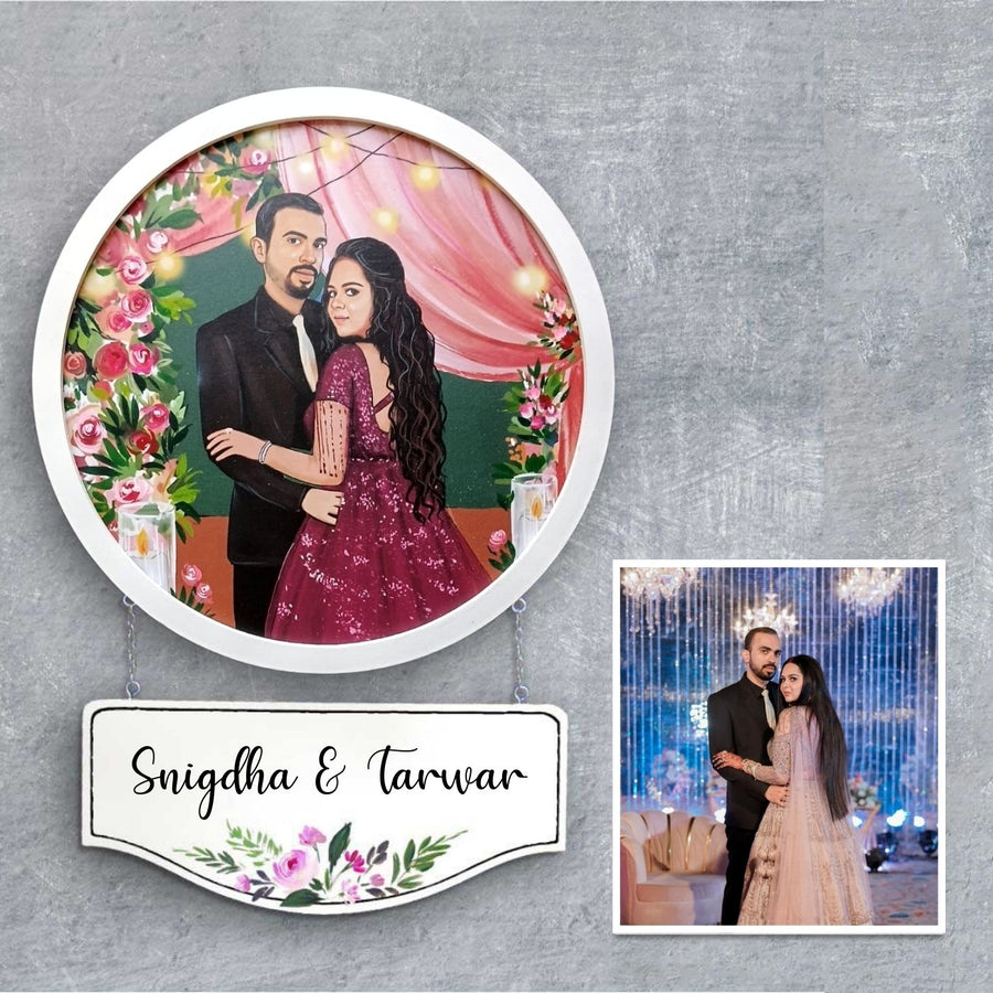 Photo Caricature Hanging Name Plate For Couples 5 - Front View with Name Personalization