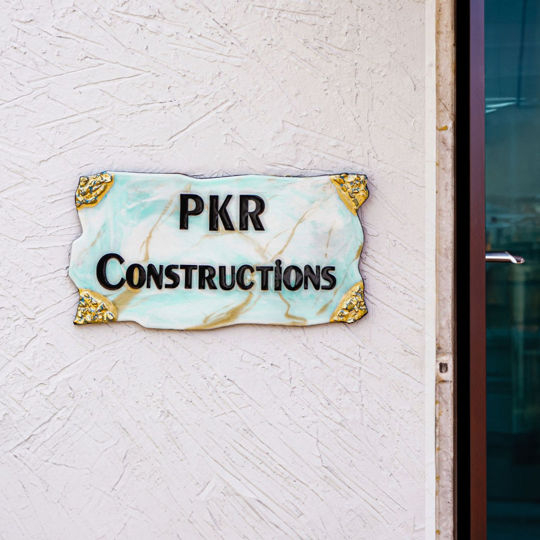 Handmade Resin Blue Gold Rectangle Marbled Name Plate - Mounted on Exterior Wall Close-up