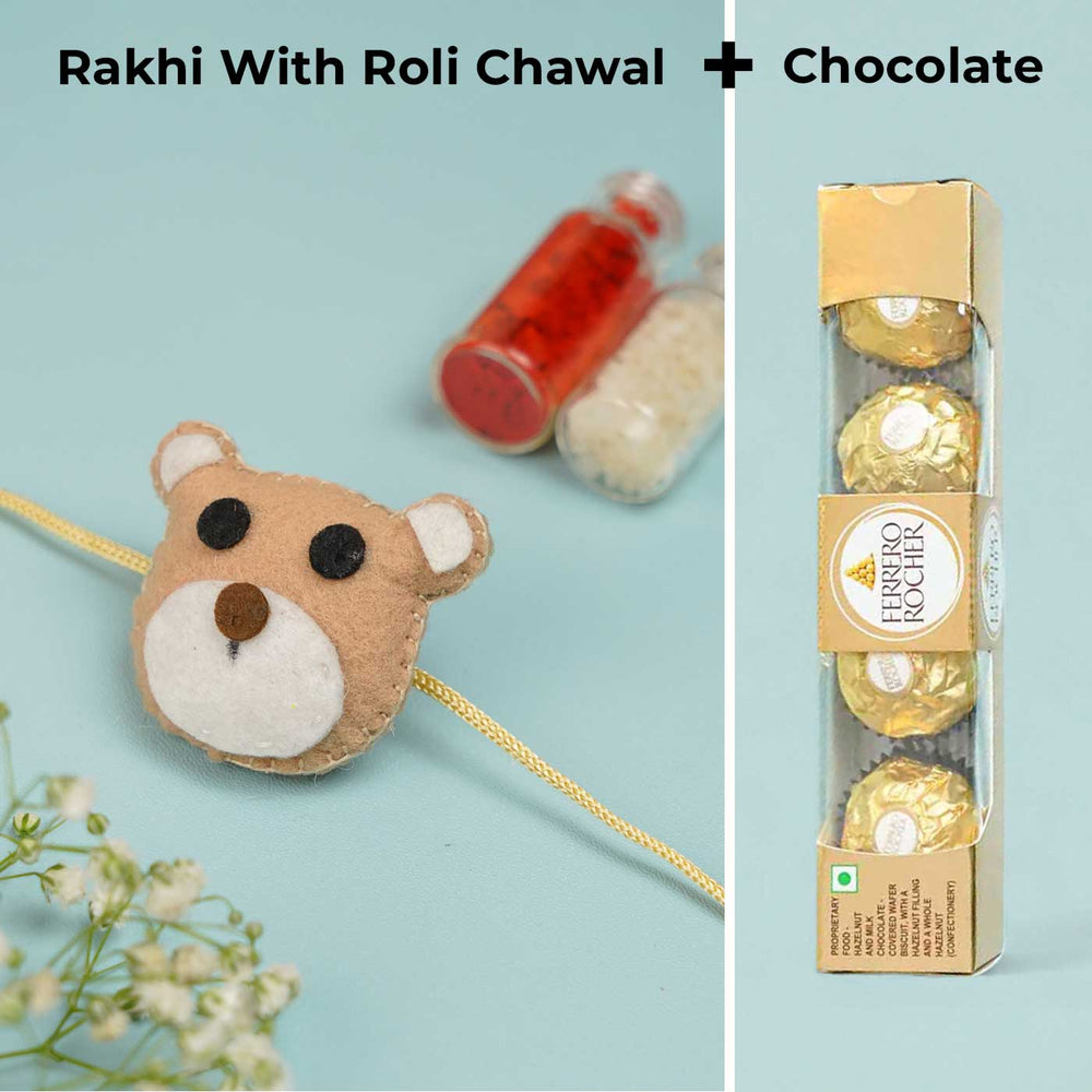 Handmade Teddy Theme Felt Rakhi With Roli Chawal - Product with Roli Chawal and Chocolate
