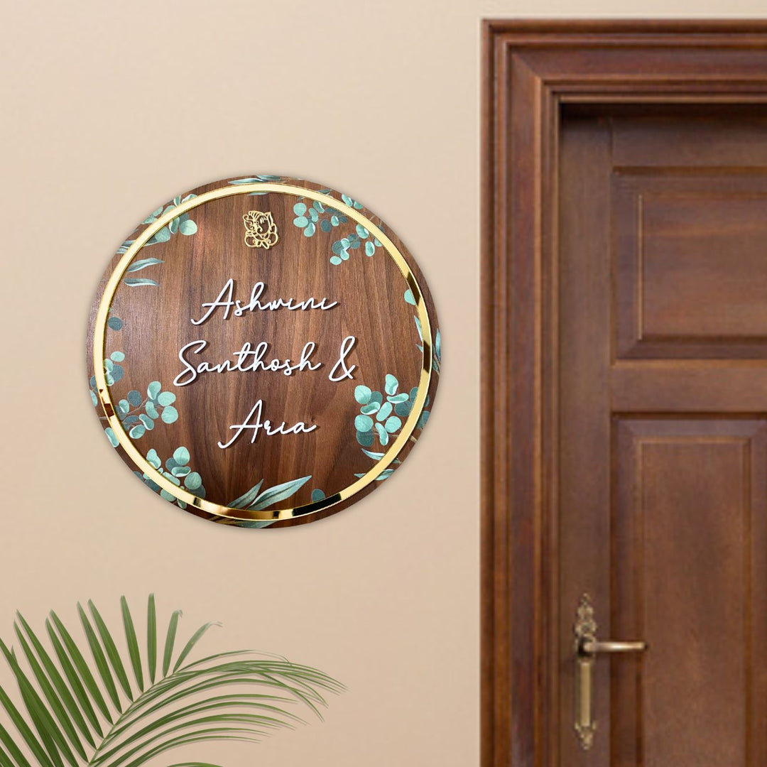 Personalised Wooden Floral Round Nameplate Copy 1 - Mounted on Wall Near Door