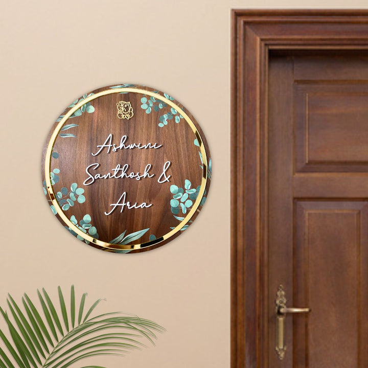 Personalised Wooden Floral Round Nameplate Copy 1 - Mounted on Wall Near Door