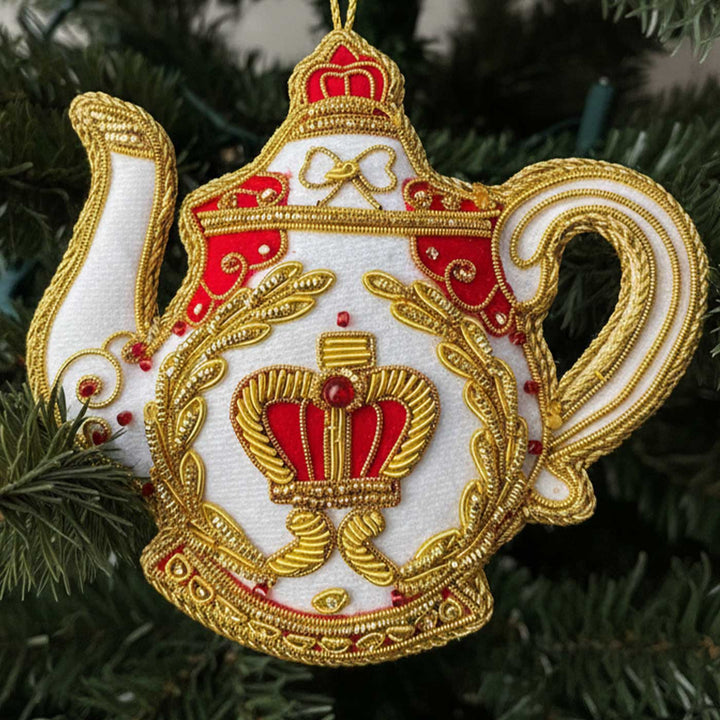 White Royal Teapot Sequin Premium Zardozi Ornament