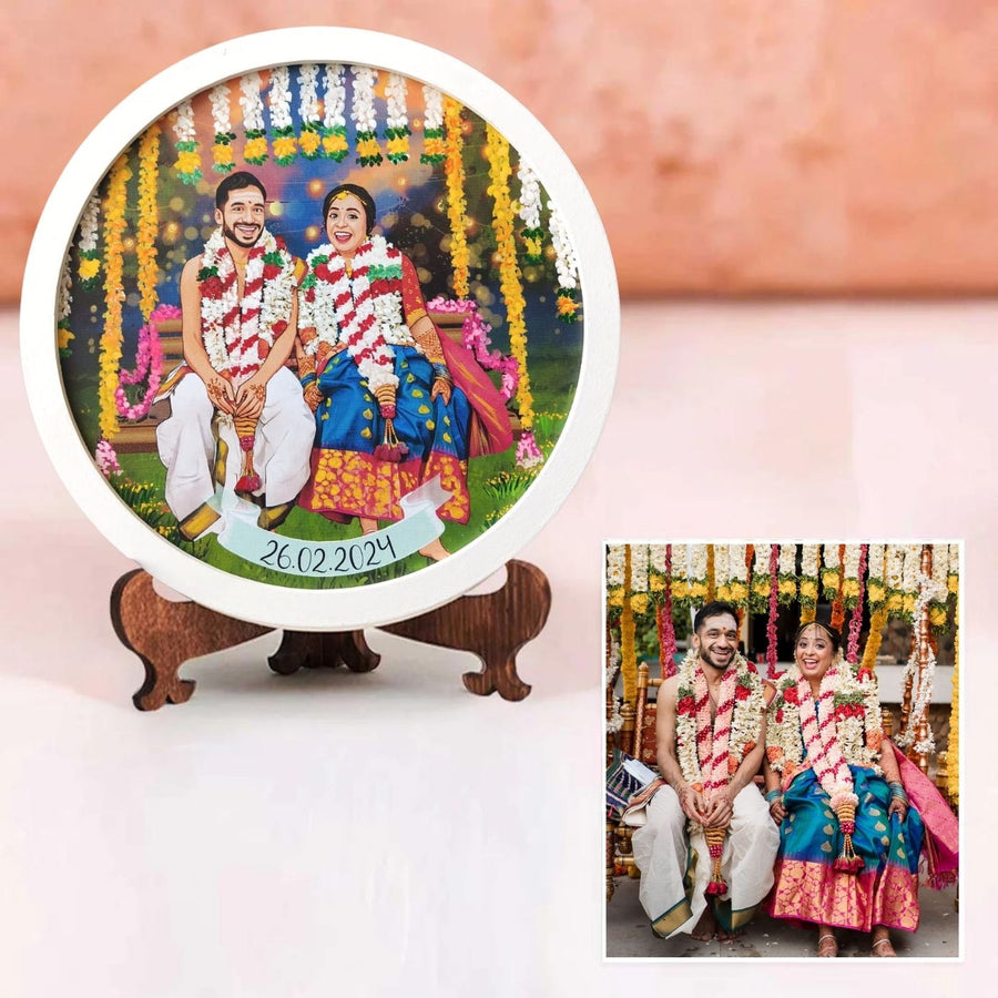 Photo Caricature Name Plate With Stand For Wedding Couples 1 - Front View with Stand and Photo Comparison