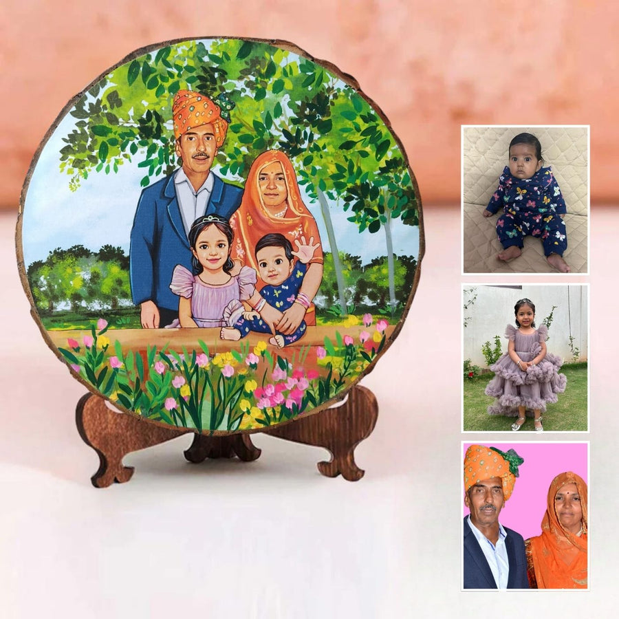 Photo Caricature Bark Nameplate With Stand Copy 1 Small Family - Personalized Painting with Reference Photos