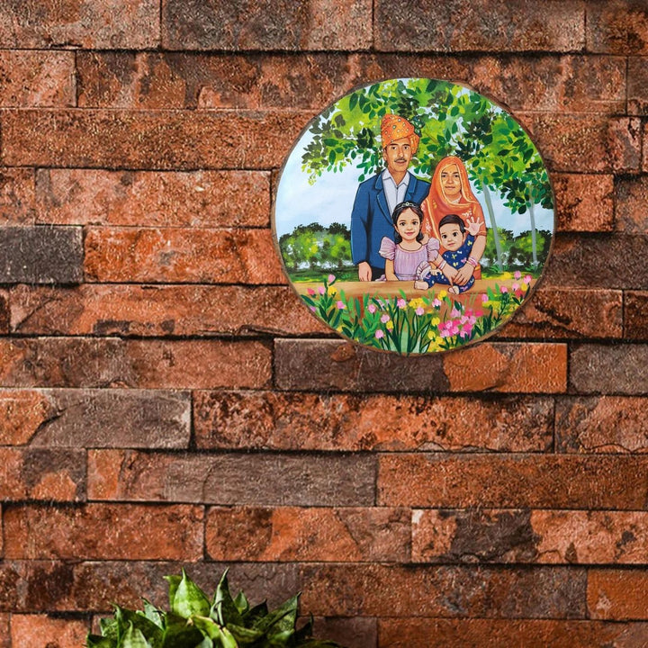 Photo Caricature Bark Nameplate With Stand Copy 1 Small Family - Mounted on Brick Wall Close-up