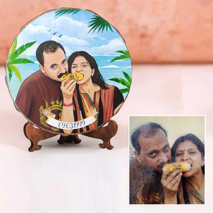 Photo Caricature Bark Nameplate With Stand For Couples 2 - Custom Photo Portrait on Stand