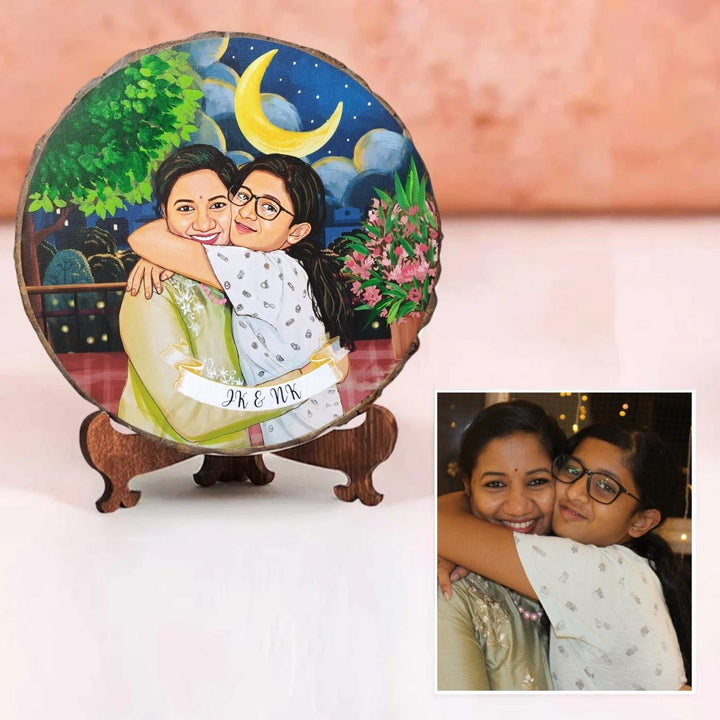 Photo Caricature Bark Nameplate With Stand Small Family - Front View with Wooden Stand