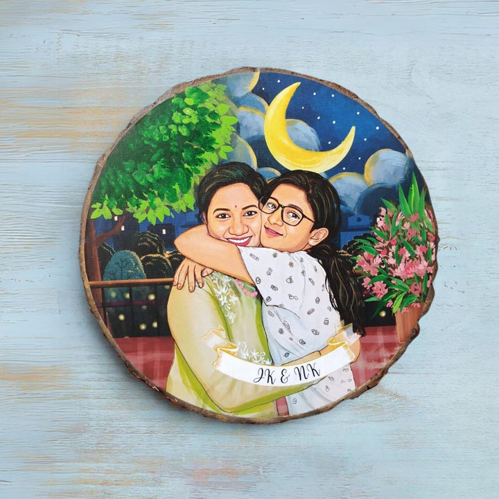 Photo Caricature Bark Nameplate With Stand Small Family - Custom Portrait on Wood Slice Front View
