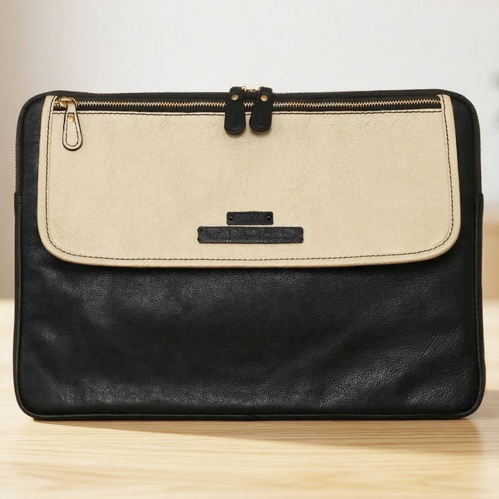 Personalized Black & Cream Robert Jr. Leather Laptop Sleeve
