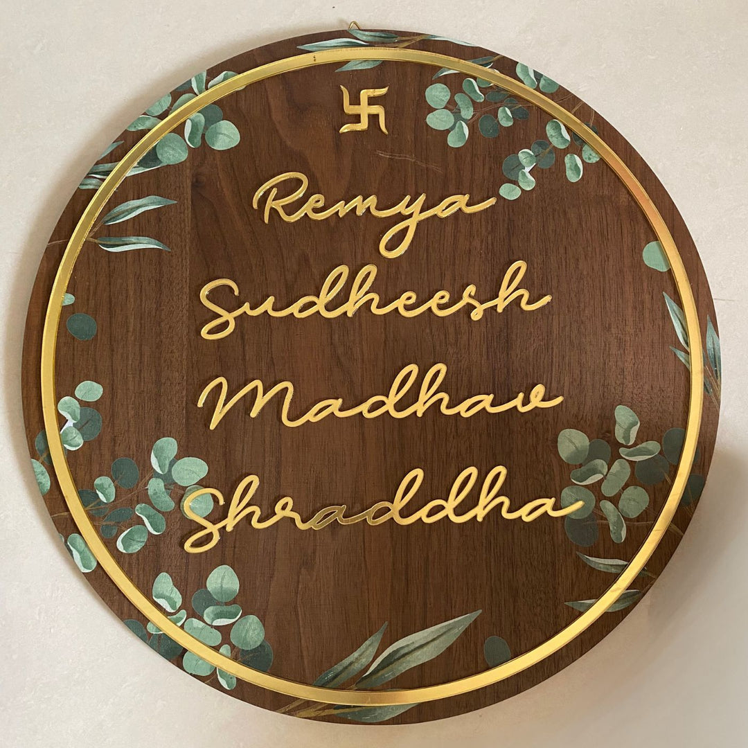 Personalised Wooden Floral Round Nameplate Copy - Front View Showing Personalized Names
