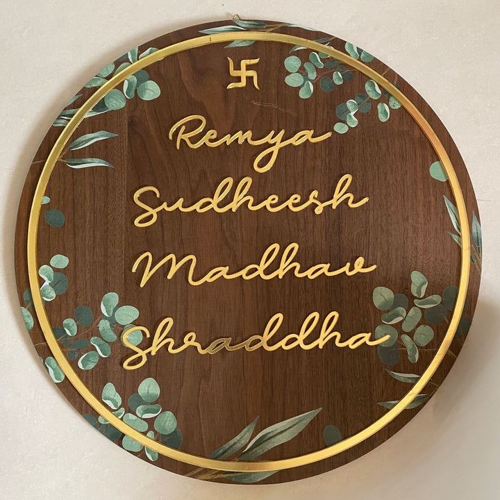 Personalised Wooden Floral Round Nameplate Copy - Front View Showing Personalized Names