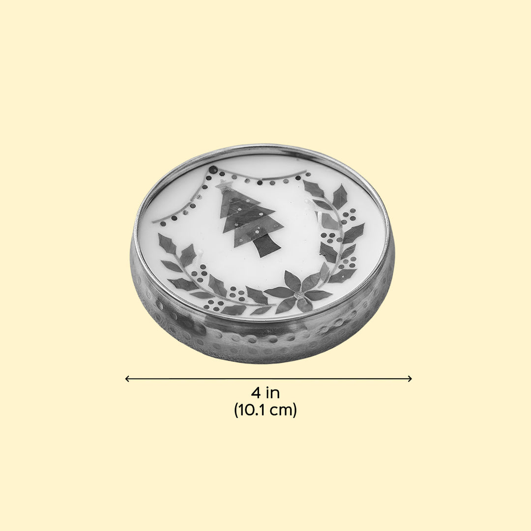 4 Inch | Handmade Pressed Flower Xmas Tree & Holly Theme Brass Christmas Candle | Packed in a Gift Box