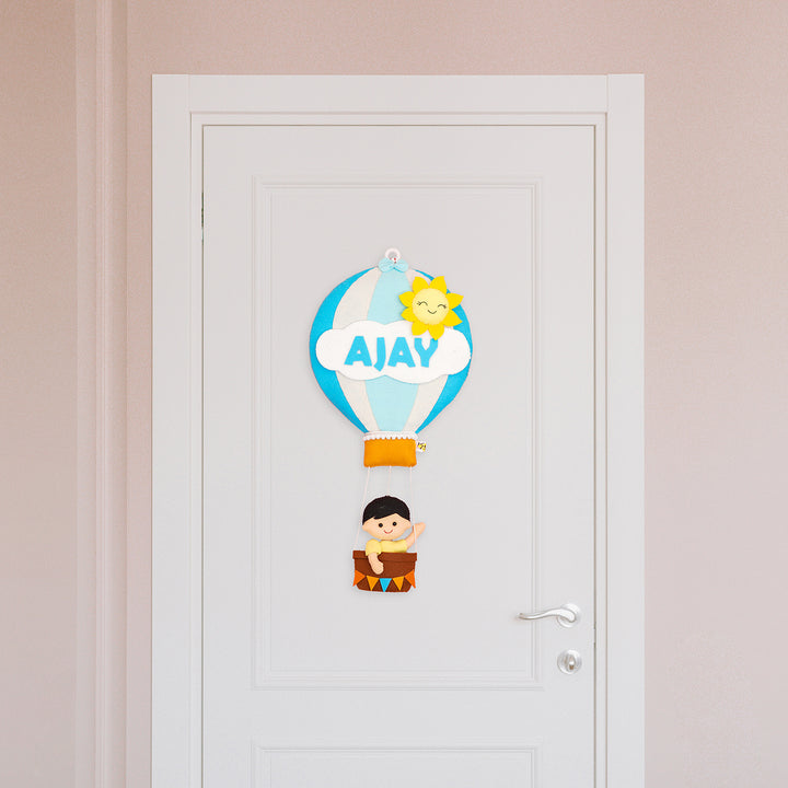 Hand Stitched Hot Air Balloon Shaped Kids Name Hanging - Hanging on Door Front View